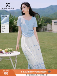 Summer New Style Womens Short Sleeve T-Shirt Lace Splicing Slimming Waist Design Pure Color round Neck Top for Commuting