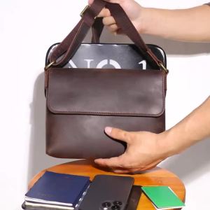 Mens Cowhide Bag Flap Fashion Shoulder Bag 7.9 Inch iPad Phone Bag Vintage Leather Crossbody Bag Gift for Husband