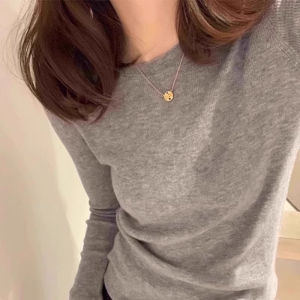 chaqi | Gray Round Neck Knitted Base Shirt Womens Slim Fit Inner Wear Sweater Unique Shoulder Top Commute Style Soft Casual Basic