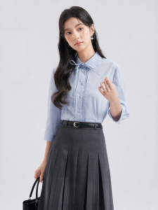 Autumnal Blue Seven-Sleeve Sweet Bow Business Chic Shirt
