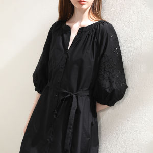 Miccbeirn | Elegant V-neck Silk Cotton Embroidered Dress Slimming Waist A-line Midi Skirt Comfortable Commute Simple Style Summer Dress