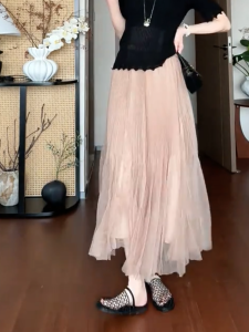 MANMI | Elegant Light Pink French Style Flowy Long Skirt