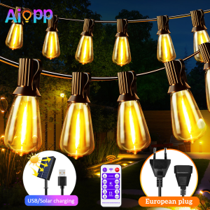 【 Solar & EU PLUG】ST38 Outdoor String Lights Waterproof Patio Lights 8 Flashing Modes Dimmable Solar Lights With Remote For Patio Pergola Bistro Garden Camping Wedding