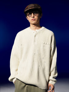 DAIKON Lab Vintage Street Casual Ripped Heavyweight Loose Henry Collar Sweater Long Sleeve Youth Winter Knittedwear