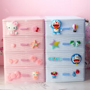 กล่องเก็บเครื่องสำอางติดโต๊ะทำงานแบบพับได้ 4 ชั้น กล่องเก็บของสต็อครูปการ์ตูน ฝาป้องกันฝุ่น พลาสติก ทรงหอกเจาะ กล่องจัดระเบียบสำหรับห้องนอน