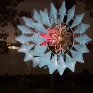 Garden Wrought Iron Decorative Windmill Solar-Powered Gradient Color Lighting Rotates with Wind Power No Electricity Required