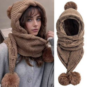 Winter Warm Knitted Hat with Scarf 2-in-1 Balaclava Cap Headgear for Women Girl Ear Protection Outdoor Cycling Hiking Travel Hat