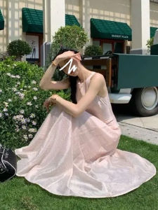 LIRUSHAN | Summer Vacation Style Pink Sleeveless Dress Maxi Dress