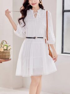 WANGGONGZHU | French Style White Chiffon Dress Women Summer Thin Hollow Out A-Line Midi Skirt Slimming Effect Princess Ball Gown Style Dress