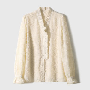 Flower-Embroidered French Style Stand Collar Womens Blouse