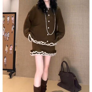 YUEZHONGWEI | Chic Autumn Winter Set Grey Cardigan Midi Skirt 2 Pieces