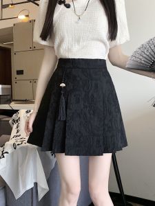 New Chinese Style National Trend Reformed Hanfu Pleated Horse Tail Skirt Spring New A-Line Mini Skirt Women Summer Black Short Skirt