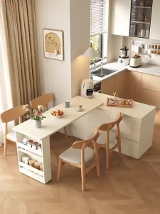 XHA [Pre Order] ENF Grade Solid Wood Rotatable Island Dining Table Integrated Cream Style Multifunctional Storage Cabinet for Small Living Room