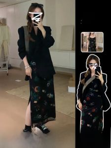 Black Tea System Womens Dress Set Sweet Floral Print A-Line Skirt Long Sleeve round Neck Autumn Winter New Arrival