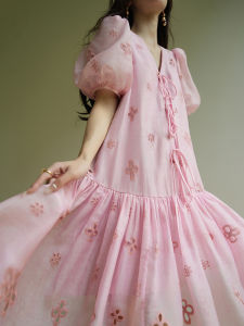 Aconiconi Summer Floral French Sweet Dopaamine Anti-Aging Cute Girl Heavy Embroidery Dress Short Sleeve V-neck Polyester Fiber