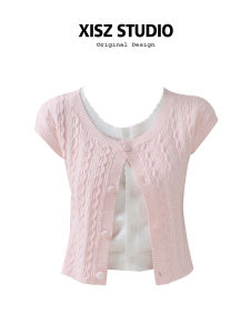 Pink Knitted Short Sleeve Open Cardigan Womens Slim Fit Spring Summer New Style Twist Texture Knitwear Commute Style