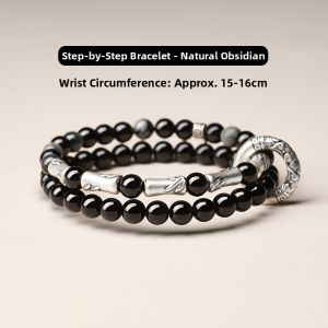 QINGXIANGTAI | 999 Sterling Silver Multi-loop Genuine Obsidian Mens Bracelet