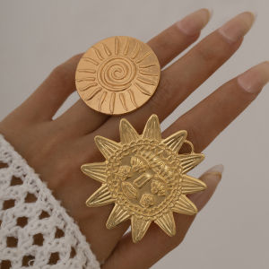 Ingemark Exaggerated Large Sunflower Round Metal Stud Earring Women 2025 Trend Punk Open Adjustable Finger Ring Jewelry Anillos