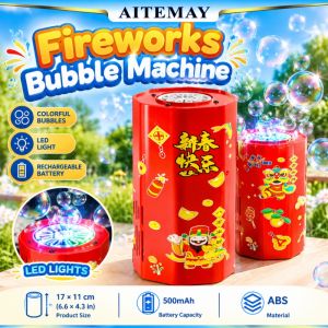 (Manila Shipping) Aitemay Rechargeable Bubble Machine Fireworks Sound Effect 13 Holes LED Light Automatic Blower For Kids Birthday Party Indoor Outdoor Toy