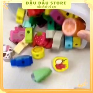 Xâu hạt gỗ - luồn dây xâu hạt hộp hình trái tim 50 hạt gồm nhiều chủ đề cho bé Đậu Đậu Store