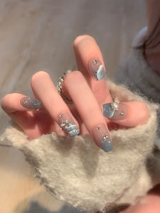 Fall and Winter White Ice through Haze Blue Clouds Finished Nail Beauty Handmade Custom Wear Armor Waterproof Detachable Durable