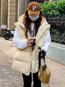 Thickened Warm down Cotton Vest Womens Outerwear Autumn Winter New Style Mid-Length Waist-Cinching Hooded Vest Jacket