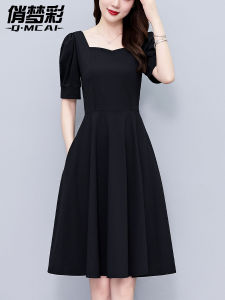 Qiao Dream Color French Square Collar Black Dress with Puff Sleeves High Waist A-Line Skirt for Women Summer Fashion