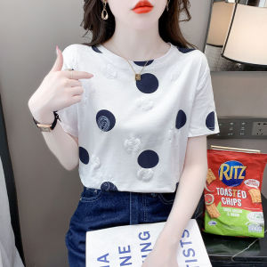 Pure Cotton Short Sleeve T-Shirt Womens Loose Fit Shoulder Summer Fashion Print Splice Korean Style Casual Versatile Top