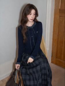 Navy Blue Lace Ruffle Spliced Fitted Cardigan
