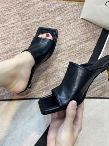 Retro Square Head Half Slip Open Toe High Heel Sandals Womens Summer New One Row Genuine Leather Thin Medium Heel Versatile Womens Shoes