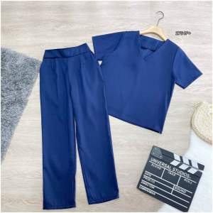 2754 set2ชิ้น เสื้อคอวีแขนสั้น + กางเกงขายาวเข้าเซ็ทมีกระเป๋าล้วง