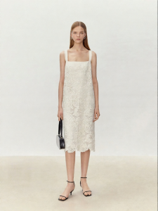 Embroidered Acetate Square Neck Straps Dress