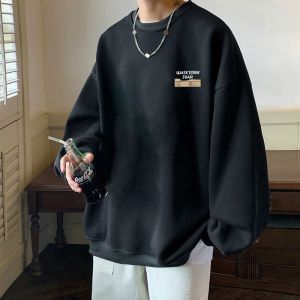 Spring Autumn American Trendy Brand Pure Cotton Heavyweight round Neck Loose Black Long Sleeve Hoodie Top Mens Fashion Casual Wear