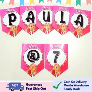 Partify BARBIE Theme Customizable Happy Birthday Banner with Name Personalized Letter Banner with Free String Custom Bunting Backdrop Wall Decoration for Kids Boys Girls Party