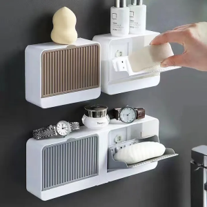 No Drill Creative Soap Holder Organizer with Drain and Cover Wall Mounted Soaps Rack Soap Case Boxes Leakproof Soap Container for Bathroom GYM Traveling Camping