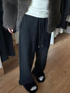 กางเกงขายาวทรงหลวมเอวสูงสำหรับผู้หญิง กางเกงวอร์มสีดำ ทรงหลวม กางเกงขายาวทรงหลวมสำหรับฤดูใบไม้ร่วงและฤดูหนาว