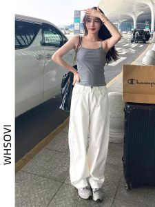 High Waist Straight Leg White Jeans Womens Loose Drapey Wide Leg Floor Length Pants Casual Washed Denim Trousers for Spring