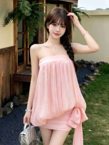 GUZILIAN | Off-shoulder Bustier Peplum Bow Short Skirt Set
