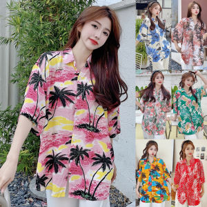 Casual Cotton Silk Beach Shirt Womens Hawaiian Loose Fit Top Breathable Short Sleeve Floral Print Street Style Summer Shirt