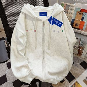 American Style Hoodie Womens New Autumn 2024 Loose Design Couples Open Cardigan Jacket Fleece Lined Zipper Casual Wear