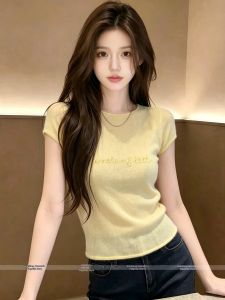 Yellow Lettered Straight Shoulder T-shirt Women Summer