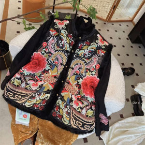 Thickened Cotton Winter Vest New Chinese Style Heavy Embroidery Retro Wind Womens Jacket Warm round Neck Single Button Closure