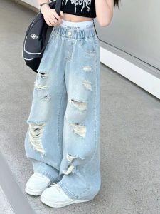 Girls Summer Thin Denim Jeans High Waist Wide Leg Pants High Fashion Torn Casual Long Trousers for 13 Years Old Children