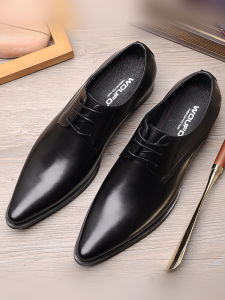 British Style Genuine Leather Pointed Toe Mens Fashion Shoes Business Formal Derby Lace-Up Loafers Breathable Pure Color