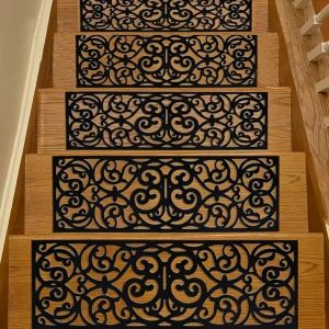 Elegant Black Rubber Non-Slip Stair Treads - Self-Adhesive Cutout Design 73.66x23.88cm with Scroll Pattern for Home & Garden Safety