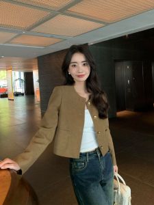 Pusumede Modern Interpretation High-End Short Coat Womens round Neck Top Fashionable Polyester Long Sleeve Button up