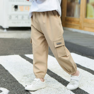 Spring Autumn Kids Cargo Pants Solid Color Children Casual Trousers with Multi Pockets Elastic Waist Boys Cargo Pant Streetwear