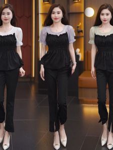 Plus Size Plus Size Ladies Belly-Covering Chiffon Shirt Suit Womens Summer Ruffles Cinched Slimming Short Sleeves Tops Bootcut Trousers Two-piece Set