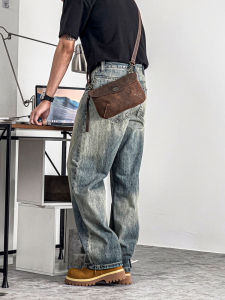 กางเกงยีนส์ทรงหลวมสไตล์อเมริกันย้อนยุคสำหรับผู้ชาย ทรงตรง หนา บุขนแกะ กางเกงขายาวฤดูใบไม้ร่วง/ฤดูหนาว กางเกงขายาวทรงหลวมสำหรับผู้ชาย