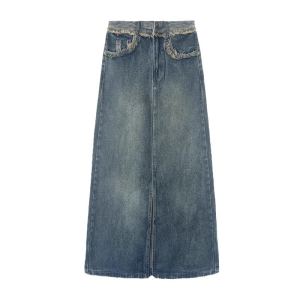 🦋VEVE High Waist Split Denim Skirt Women A-line Skirt Retro Hips Wrapped Long Skirt